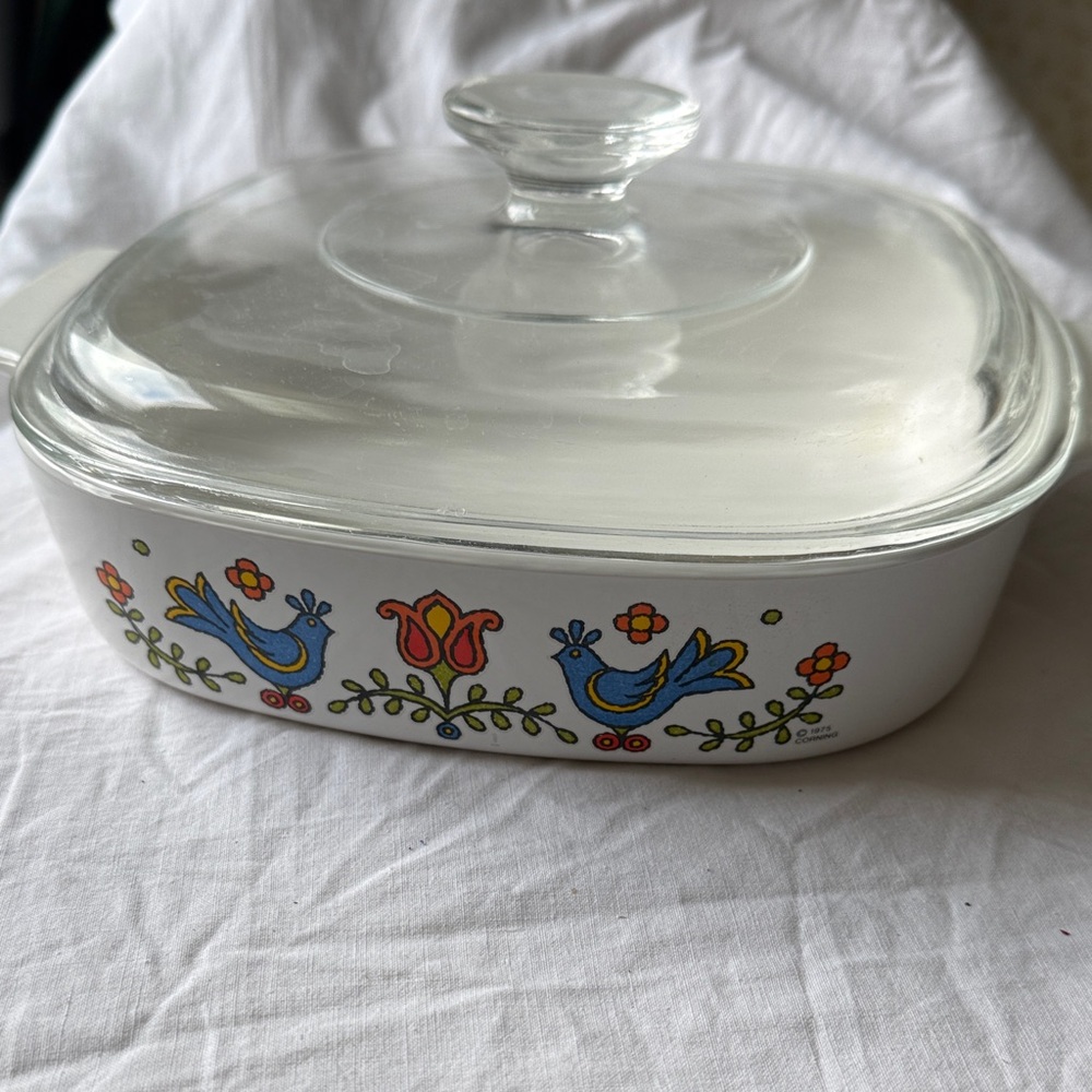Corningware White Covered Casserole with MCM Blue Bird Floral design